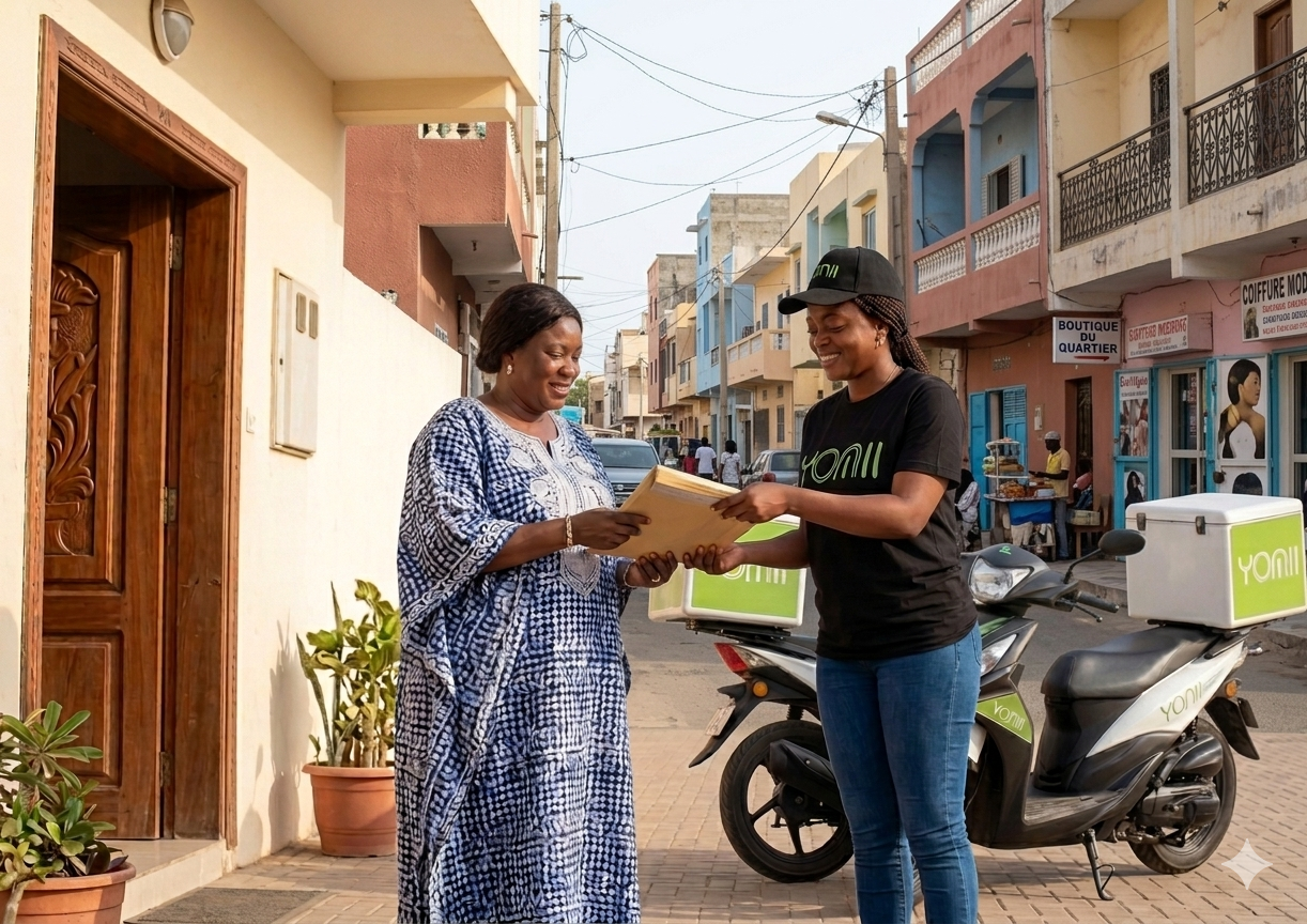 Une agente YONI remet un pli à une cliente à Dakar